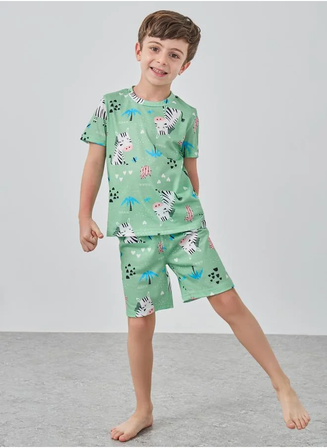 ستايلي Styli Graphic Print Short Sleeve T-Shirt and Shorts Pyjama Set