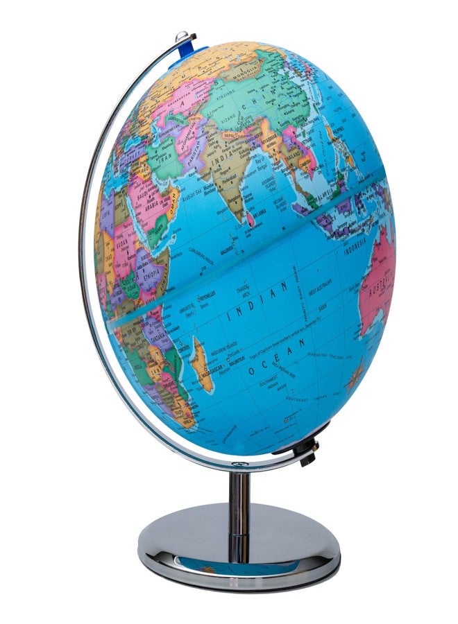 Replogle 8"/20cm Interactive Illuminated Political Globe with Chrome Base, Riser and Semi-Meridian. Standing 12 inches tall, This Colorful Easy to Read Globe Illuminates Brightly. The Perfect STEM Educational Interactive Globe With Over a Thousand Pieces of Information. Ideal Night Light for Bedroom, Office or Home Decor. (Blue) - Image 1