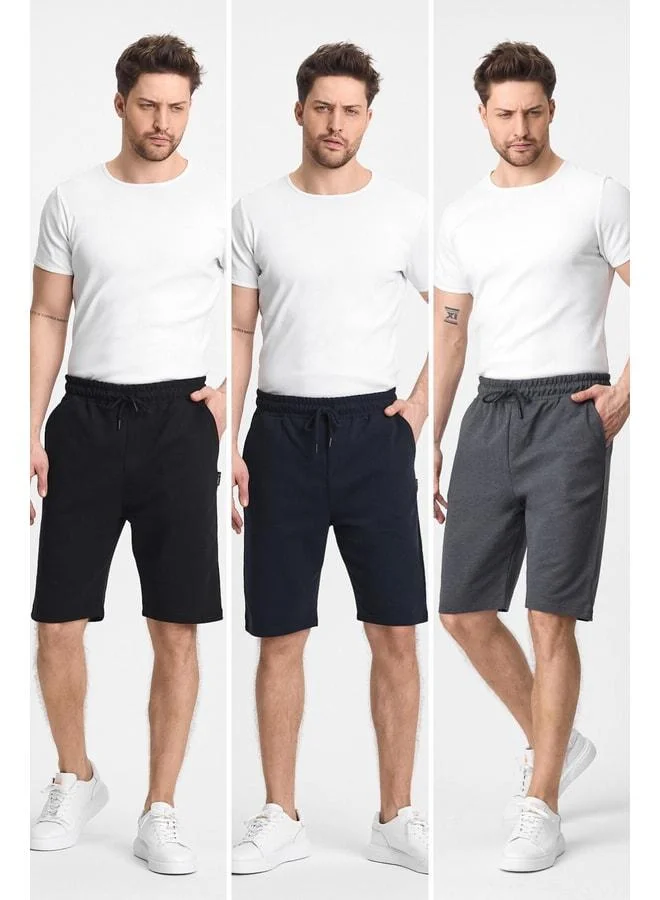 Men's Black-Navy-Charcoal Side-Pocket Elastic Waist Regular Fit Comfortable Cut 3-Piece Shorts.