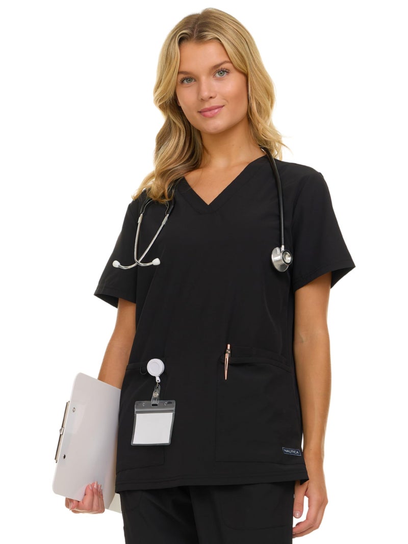Nautica Womens Scrubs Tops, V-Neck Breathable Scrub Tops Women, 3 Pocket Stretch Fabric Scrubs for Women, Medical Scrub Shirt Black - Image 1