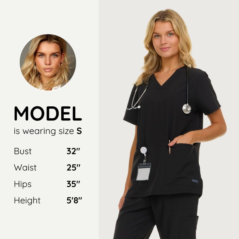Nautica Womens Scrubs Tops, V-Neck Breathable Scrub Tops Women, 3 Pocket Stretch Fabric Scrubs for Women, Medical Scrub Shirt Black - Image 2