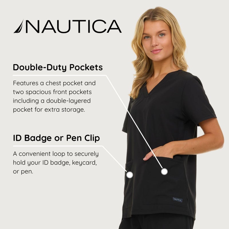 Nautica Womens Scrubs Tops, V-Neck Breathable Scrub Tops Women, 3 Pocket Stretch Fabric Scrubs for Women, Medical Scrub Shirt Black - Image 4