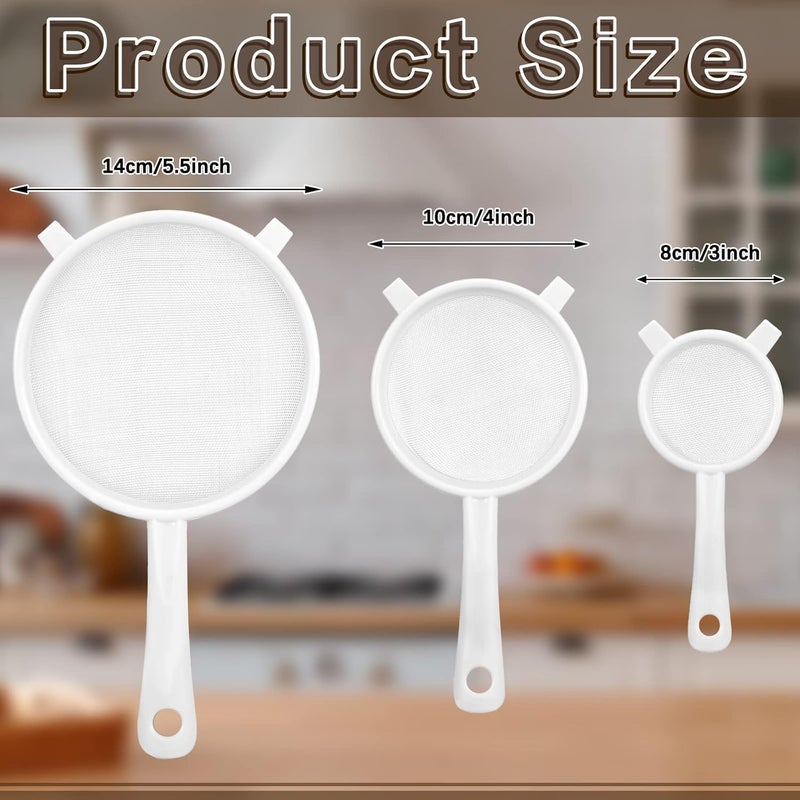 Skyley 3 Pcs Plastic Nylon Mesh Strainer Colander with Handle Double Ear Fine Food Mesh Strainer Flour Sifter for Baking Kitchen Colander Sifter Kefir Tea Juice Pasta(3 Inch, 4 Inch, 5.5 Inch) - Image 2