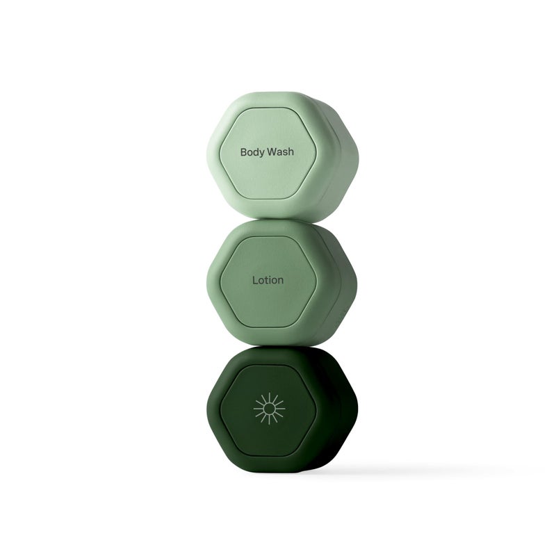 Cadence Travel Containers - Body Care Capsule Set - Magnetic Containers with Lids,Carry On Travel Essentials for Women/Men - 3 Flex Mediums (1.32oz) - Body Wash, Lotion & Sun Icon Labels - Evergreen - Image 1