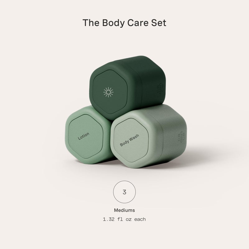 Cadence Travel Containers - Body Care Capsule Set - Magnetic Containers with Lids,Carry On Travel Essentials for Women/Men - 3 Flex Mediums (1.32oz) - Body Wash, Lotion & Sun Icon Labels - Evergreen - Image 3