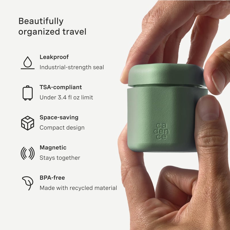 Cadence Travel Containers - Body Care Capsule Set - Magnetic Containers with Lids,Carry On Travel Essentials for Women/Men - 3 Flex Mediums (1.32oz) - Body Wash, Lotion & Sun Icon Labels - Evergreen - Image 2
