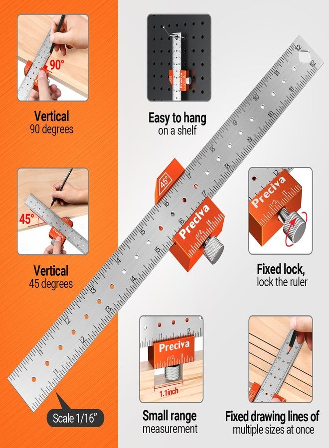 بريسيفا طقم مربعات نجارة من سبائك الألومنيوم من بريسيفا، قطعتان - مربع مغناطيسي مدمج ١٢ بوصة ومربع رافدة ٧ بوصة مع دليل حفر | أداة تخطيط ٥ في ١ لأعمال النجارة والتأطير والمشاريع المنزلية - Image 4