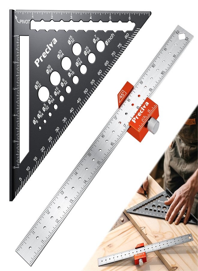 بريسيفا طقم مربعات نجارة من سبائك الألومنيوم من بريسيفا، قطعتان - مربع مغناطيسي مدمج ١٢ بوصة ومربع رافدة ٧ بوصة مع دليل حفر | أداة تخطيط ٥ في ١ لأعمال النجارة والتأطير والمشاريع المنزلية - Image 1