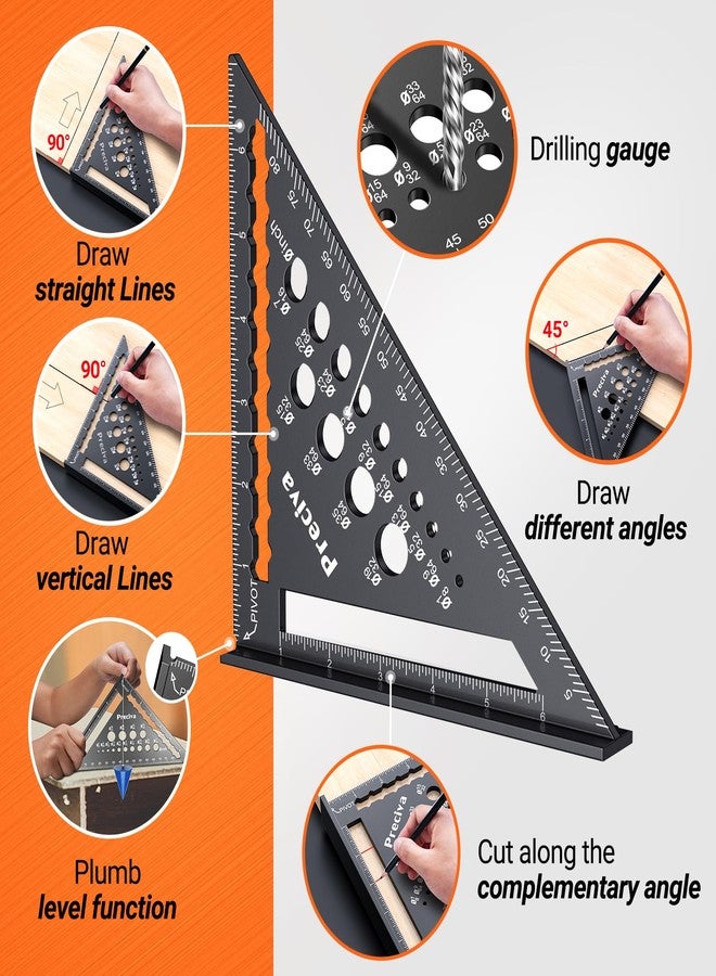 بريسيفا طقم مربعات نجارة من سبائك الألومنيوم من بريسيفا، قطعتان - مربع مغناطيسي مدمج ١٢ بوصة ومربع رافدة ٧ بوصة مع دليل حفر | أداة تخطيط ٥ في ١ لأعمال النجارة والتأطير والمشاريع المنزلية - Image 3