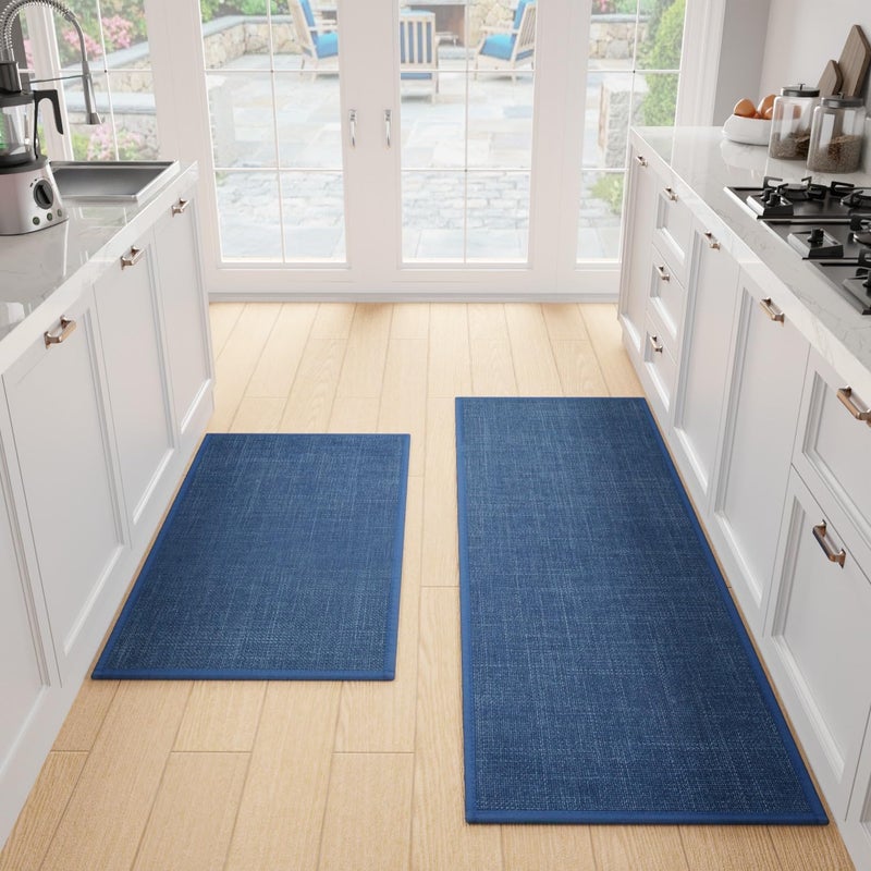 SUMLANS Kitchen Mat Set of 2 PCS, Cushioned Non Slip Rugs for Kitchen Floor, Absorbent Runner Comfort Standing Mats Washable for Kitchen, Office, Home (Dark Blue, 17.3"x47"+17.3"x30") - Image 1