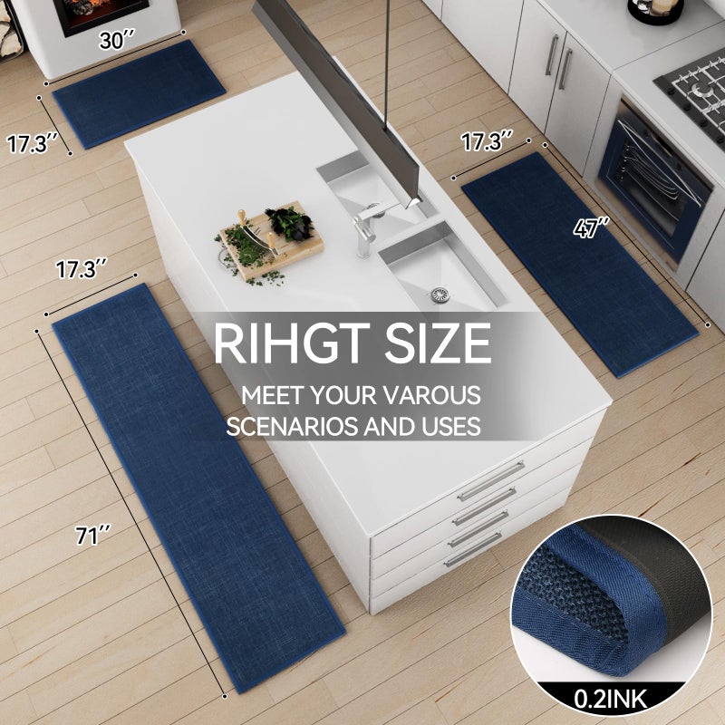 SUMLANS Kitchen Mat Set of 2 PCS, Cushioned Non Slip Rugs for Kitchen Floor, Absorbent Runner Comfort Standing Mats Washable for Kitchen, Office, Home (Dark Blue, 17.3"x47"+17.3"x30") - Image 2