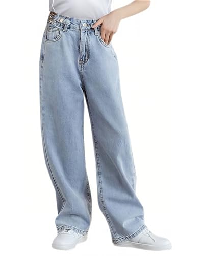 SANGTREE Baggy Jeans for Girls Wide Leg Jeans Elastic Waist Denim Pants Kids Clothes A-Blue 13-14 Years = Tag 170 - Image 1