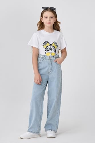 SANGTREE Baggy Jeans for Girls Wide Leg Jeans Elastic Waist Denim Pants Kids Clothes A-Blue 13-14 Years = Tag 170 - Image 5