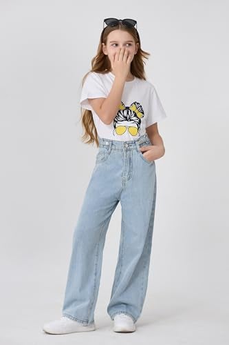 SANGTREE Baggy Jeans for Girls Wide Leg Jeans Elastic Waist Denim Pants Kids Clothes A-Blue 13-14 Years = Tag 170 - Image 4