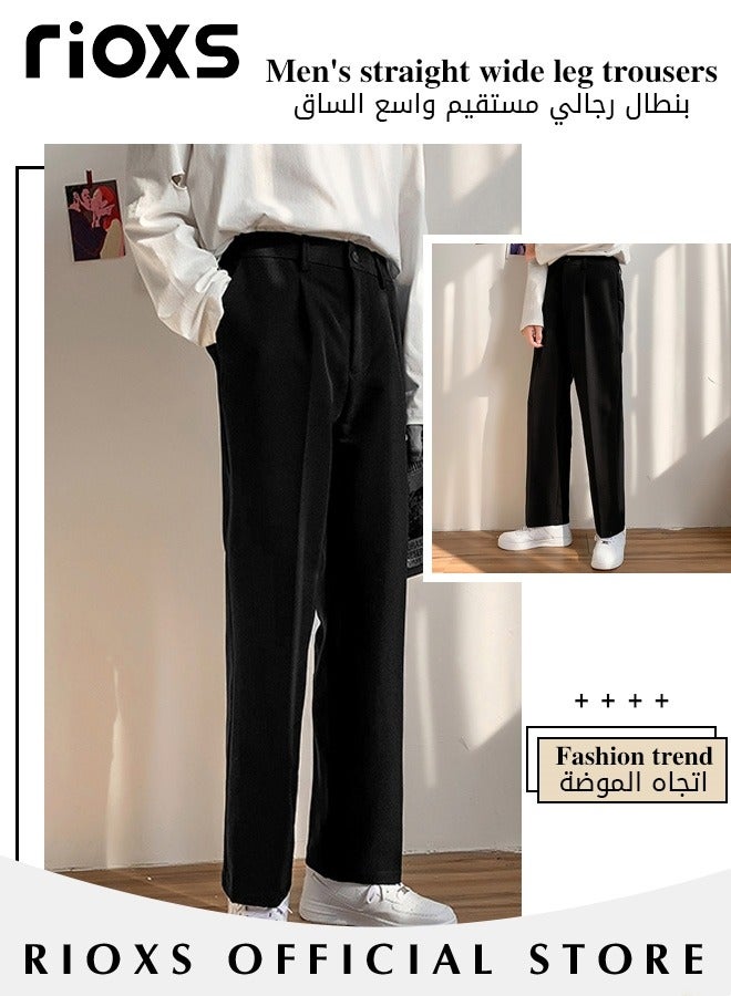 RIOXS Men's Dress Pants, Loose Fit Straight Leg Suit Pants With Pockets, Casual High Waisted Button Formal Pants, Gentleman Anti-wrinkle Work Uniform Trousers, Youth Style Pants for Office/Daily Casual/Gathering/Meeting/Business, Black - Image 3