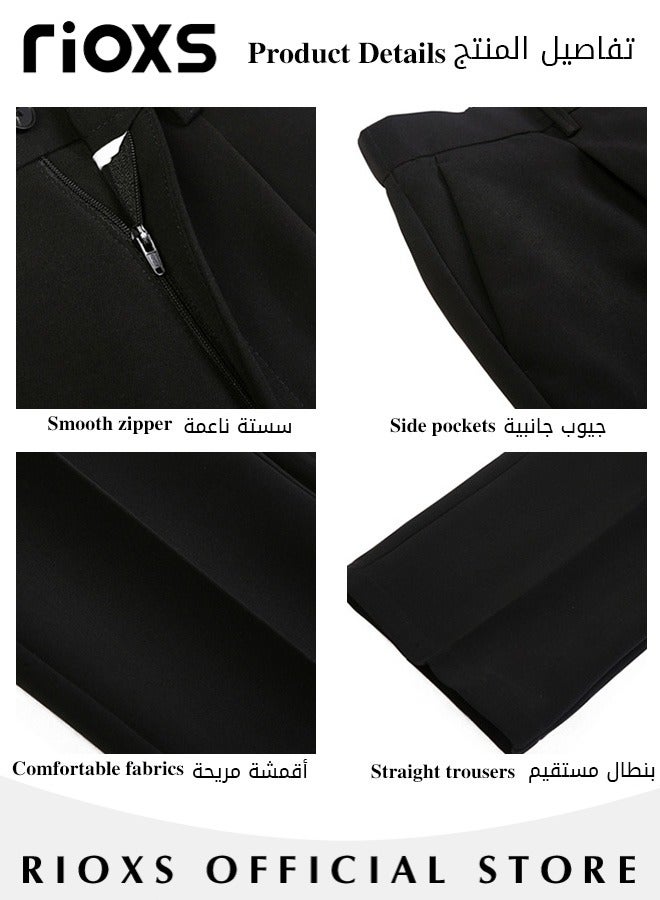 RIOXS Men's Dress Pants, Loose Fit Straight Leg Suit Pants With Pockets, Casual High Waisted Button Formal Pants, Gentleman Anti-wrinkle Work Uniform Trousers, Youth Style Pants for Office/Daily Casual/Gathering/Meeting/Business, Black - Image 4