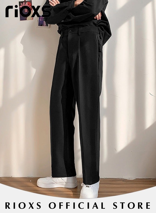 RIOXS Men's Dress Pants, Loose Fit Straight Leg Suit Pants With Pockets, Casual High Waisted Button Formal Pants, Gentleman Anti-wrinkle Work Uniform Trousers, Youth Style Pants for Office/Daily Casual/Gathering/Meeting/Business, Black - Image 5