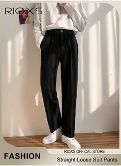 RIOXS Men's Straight Loose Suit Pants,Casual High Waisted Button Pants,Regular Fit Pants,Work Uniform Trousers,Youth Style Pants For Men With Pockets,For Office/Daily Casual/Gathering/Meeting/Business  - Image 1