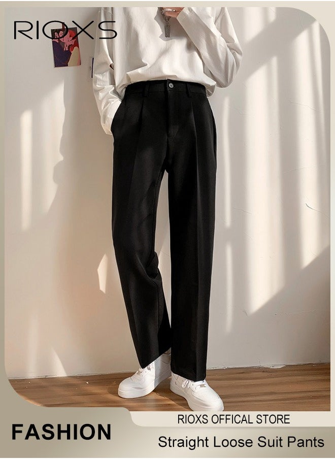 RIOXS Men's Straight Loose Suit Pants,Casual High Waisted Button Pants,Regular Fit Pants,Work Uniform Trousers,Youth Style Pants For Men With Pockets,For Office/Daily Casual/Gathering/Meeting/Business  - Image 1
