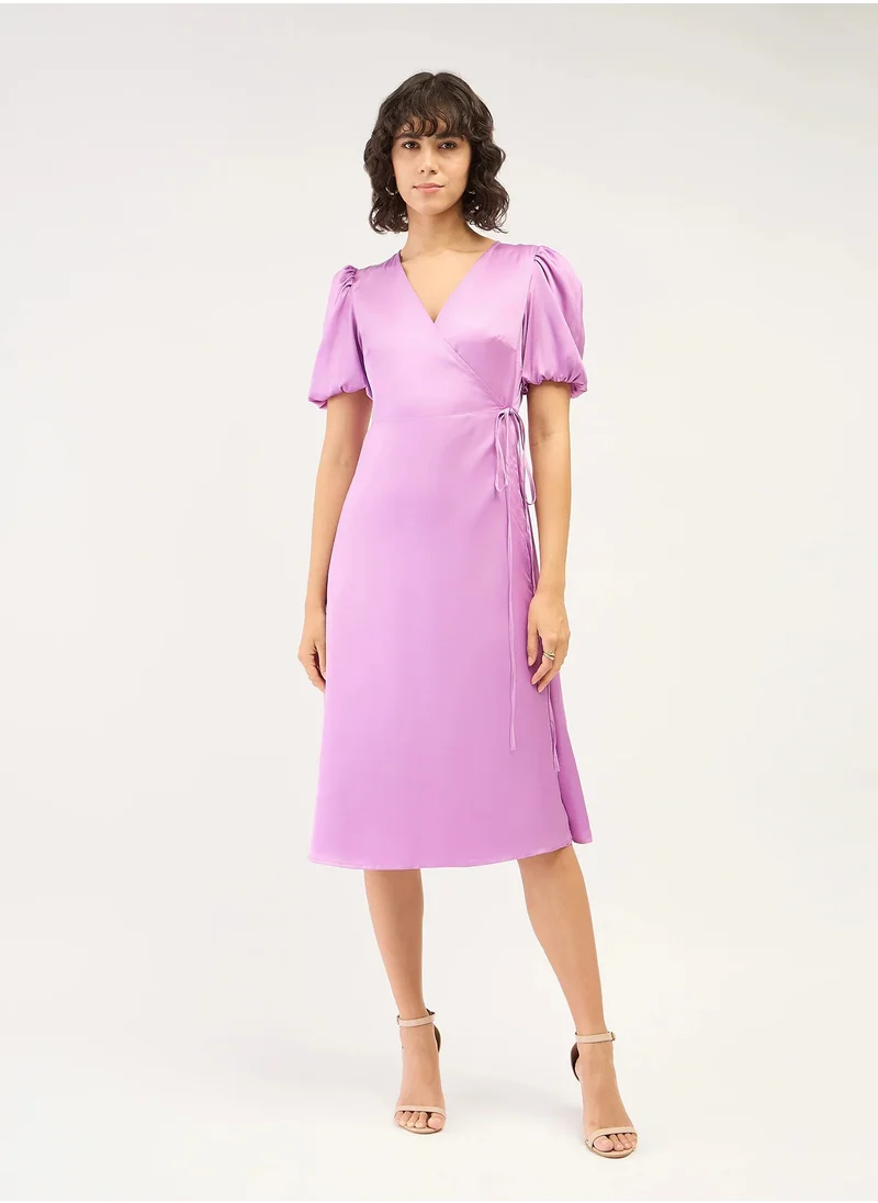 Salt Attire Salt Attire Lavender Puff Sleeve Dress with Flattering V Neckline, Perfect for Elegant Occasions, Parties, and Everyday Wear for a Chic and Stylish Look