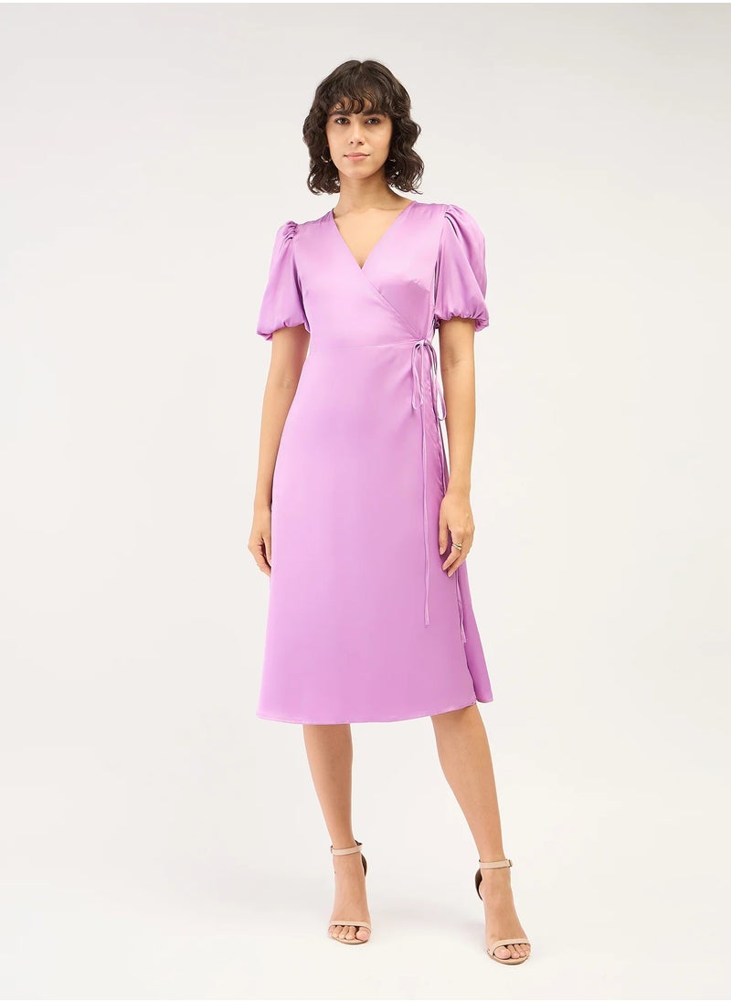 Salt Attire - Women's  Lavender Puff Sleeve Dress with Flattering V Neckline, Perfect for Elegant Occasions, Parties, and Everyday Wear for a Chic and Stylish Look - Image 1