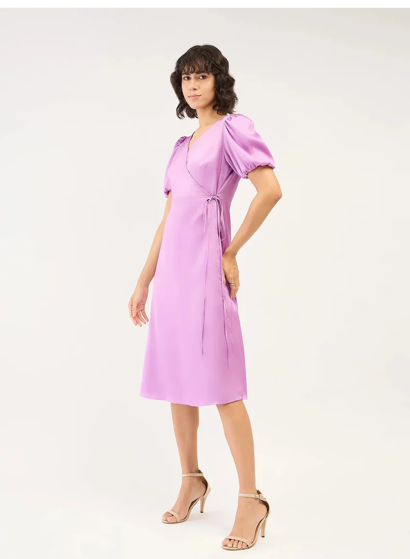 Salt Attire Women's  Lavender Puff Sleeve Dress with Flattering V Neckline, Perfect for Elegant Occasions, Parties, and Everyday Wear for a Chic and Stylish Look
