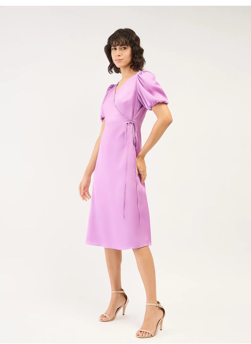 Salt Attire - Women's  Lavender Puff Sleeve Dress with Flattering V Neckline, Perfect for Elegant Occasions, Parties, and Everyday Wear for a Chic and Stylish Look - Image 1