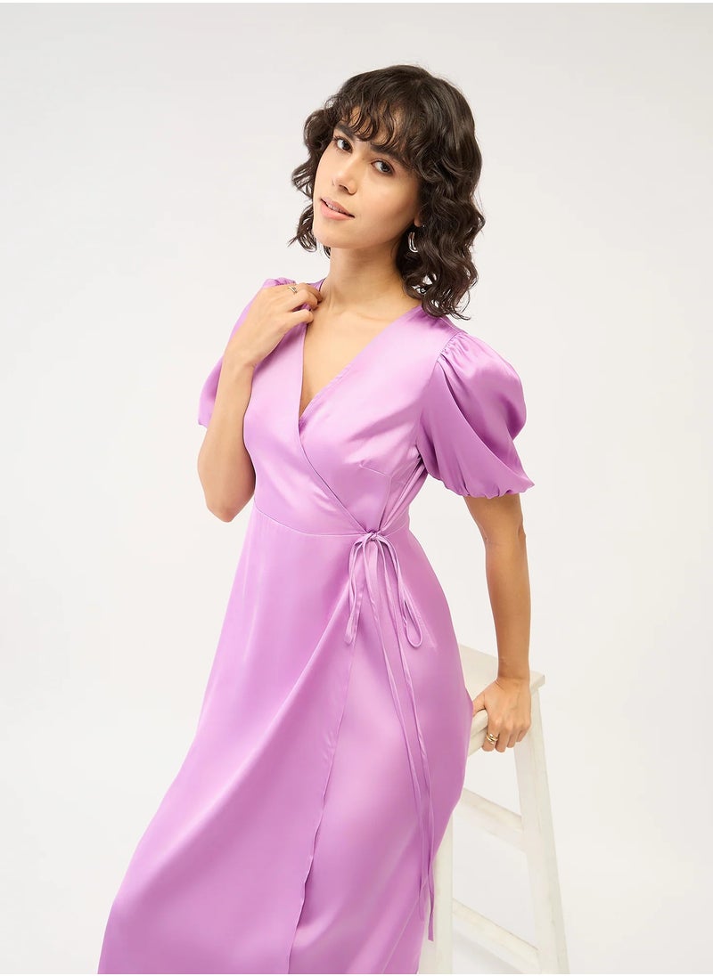 Salt Attire - Women's  Lavender Puff Sleeve Dress with Flattering V Neckline, Perfect for Elegant Occasions, Parties, and Everyday Wear for a Chic and Stylish Look - Image 1