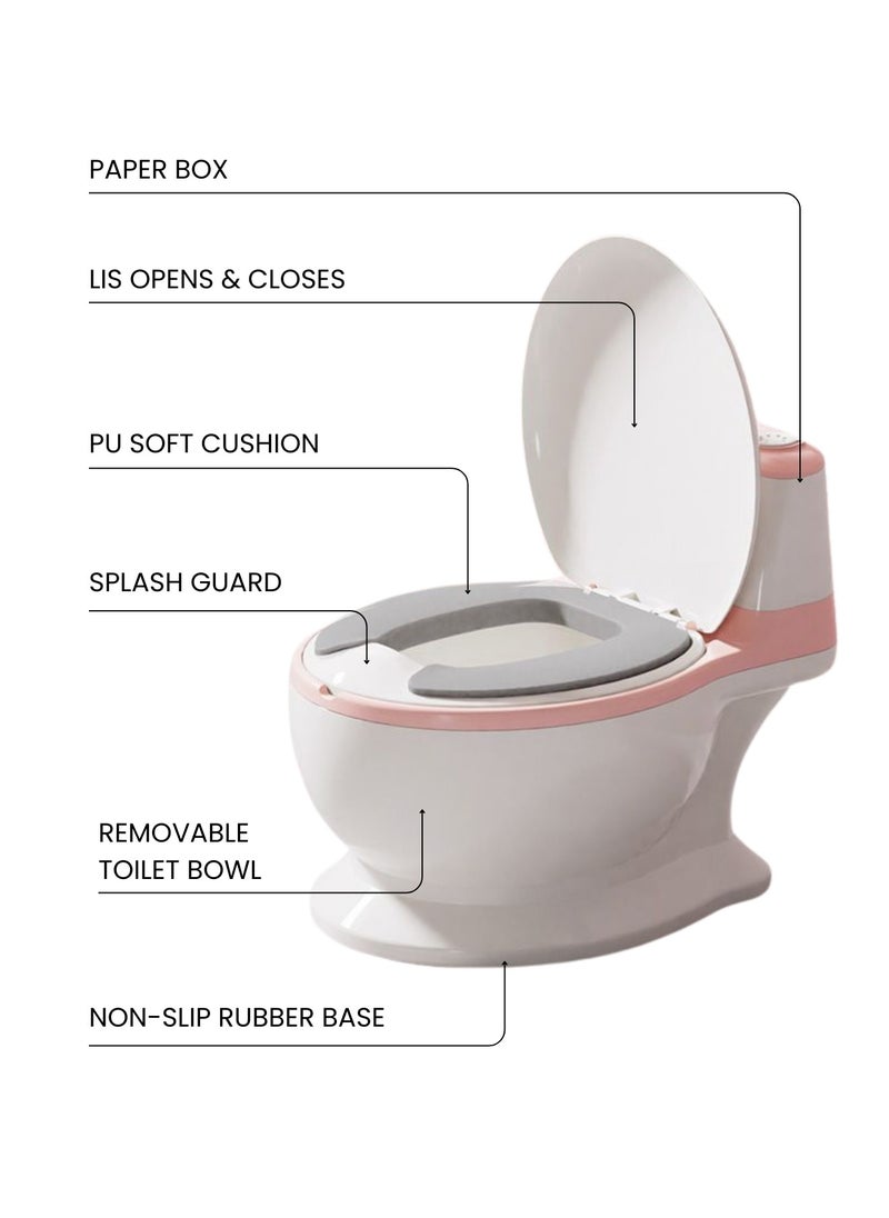 Moms Magic Baby Toilet PU with Seat Cushion – Artificial Potty with Flush Option, Tissue Holder, PVC/PU Cushions for Comfortable Potty Training – pink  - Image 5