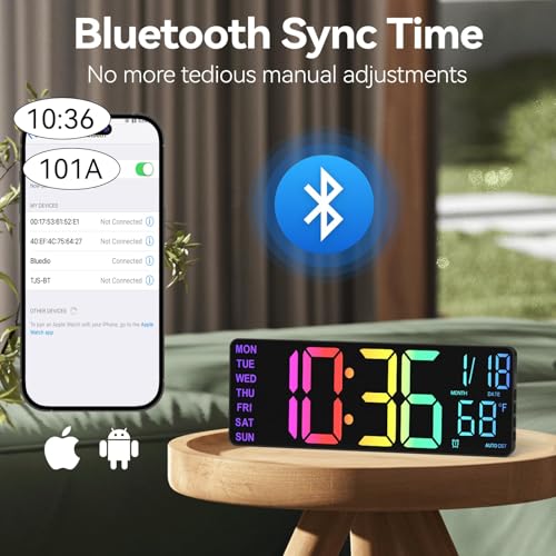 YISILE 13" Digital Wall Clock with Night Light,8 RGB Color,Dual Alarms with Large Display, Dimmer, Auto DST, Voice Control, Auto Time Sync,Remote Control for Living Room Bedroom,Gift for All Ages - Image 5