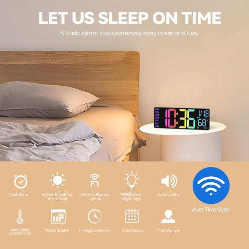 YISILE 13" Digital Wall Clock with Night Light,8 RGB Color,Dual Alarms with Large Display, Dimmer, Auto DST, Voice Control, Auto Time Sync,Remote Control for Living Room Bedroom,Gift for All Ages - Image 3