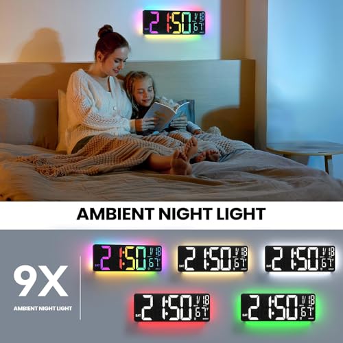YISILE 13" Digital Wall Clock with Night Light,8 RGB Color,Dual Alarms with Large Display, Dimmer, Auto DST, Voice Control, Auto Time Sync,Remote Control for Living Room Bedroom,Gift for All Ages - Image 4