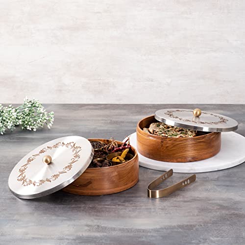 nestroots Wooden Roti Box & Masala Box for Kitchen| 9-Inch Spice Organizer with 7 Stainless Steel Jars Anjarai Petti, Masala Dani Box, Cereal, Dry Fruits Durable & Stylish Container | Floral Silver - Image 1