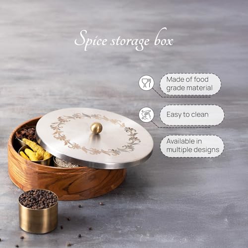 nestroots Wooden Roti Box & Masala Box for Kitchen| 9-Inch Spice Organizer with 7 Stainless Steel Jars Anjarai Petti, Masala Dani Box, Cereal, Dry Fruits Durable & Stylish Container | Floral Silver - Image 4