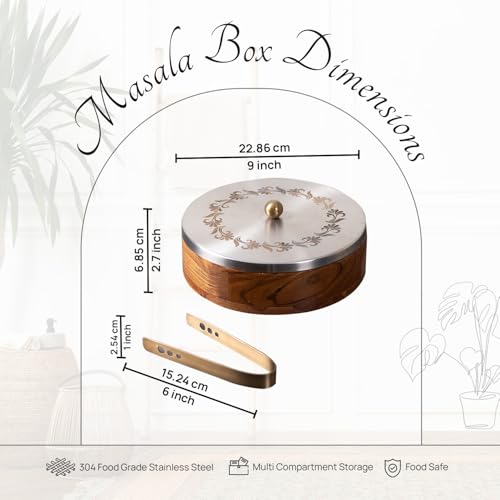 nestroots Wooden Roti Box & Masala Box for Kitchen| 9-Inch Spice Organizer with 7 Stainless Steel Jars Anjarai Petti, Masala Dani Box, Cereal, Dry Fruits Durable & Stylish Container | Floral Silver - Image 2