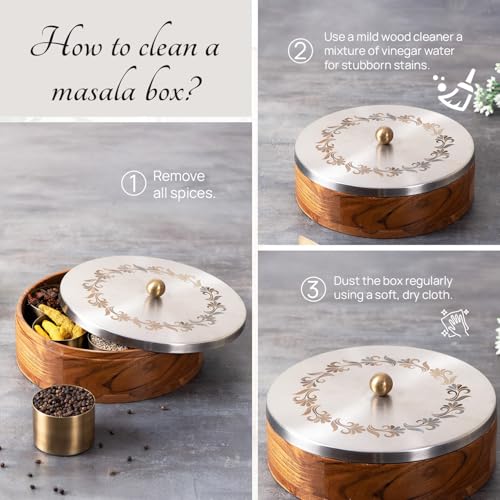 nestroots Wooden Roti Box & Masala Box for Kitchen| 9-Inch Spice Organizer with 7 Stainless Steel Jars Anjarai Petti, Masala Dani Box, Cereal, Dry Fruits Durable & Stylish Container | Floral Silver - Image 3