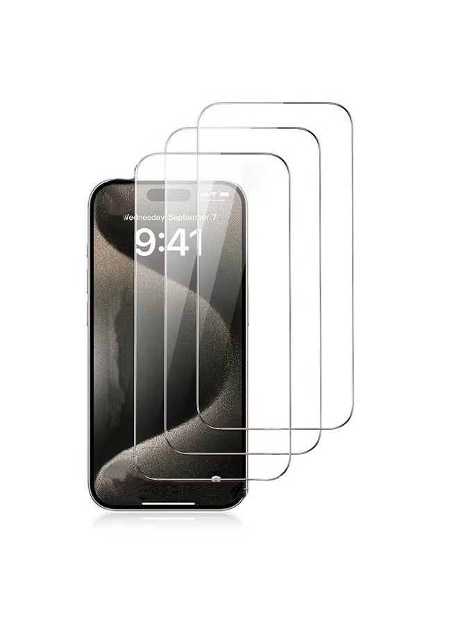 واقي شاشة زجاجي مقوى 9H لهاتف iPhone 15 Pro Max، عبوة من 3 قطع، شفاف للغاية، مقاوم للخدش، مضاد لبصمات الأصابع، مناسب للحافظات، يتضمن أدوات التثبيت - Image 2