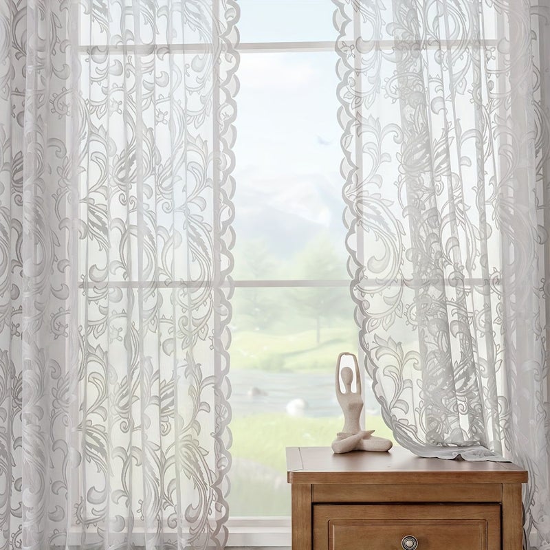 2 Pcs Pink Paisley Floral Lace Rod Pocket Sheer Curtains 55x63 Inch Light Filtering Flowing Wrinkle Free Machine Washable For Bedroom Kitchen Closet Decorative Window Scarf - Image 2
