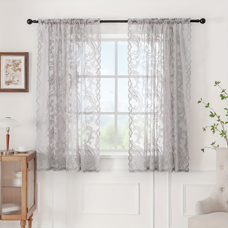 2 Pcs Pink Paisley Floral Lace Rod Pocket Sheer Curtains 55x63 Inch Light Filtering Flowing Wrinkle Free Machine Washable For Bedroom Kitchen Closet Decorative Window Scarf - Image 4