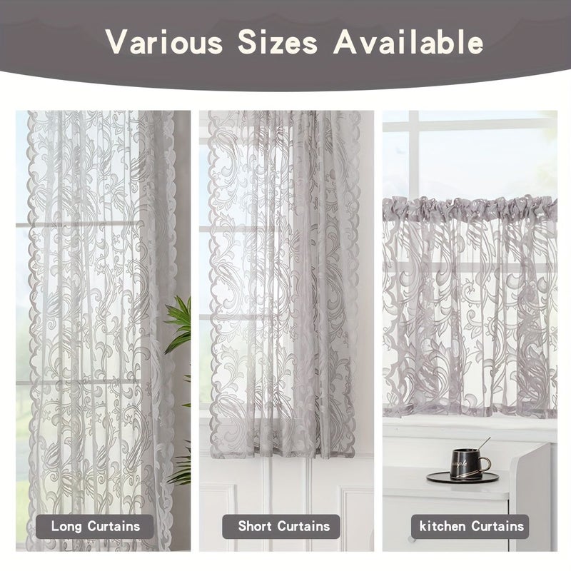 2 Pcs Pink Paisley Floral Lace Rod Pocket Sheer Curtains 55x63 Inch Light Filtering Flowing Wrinkle Free Machine Washable For Bedroom Kitchen Closet Decorative Window Scarf - Image 1