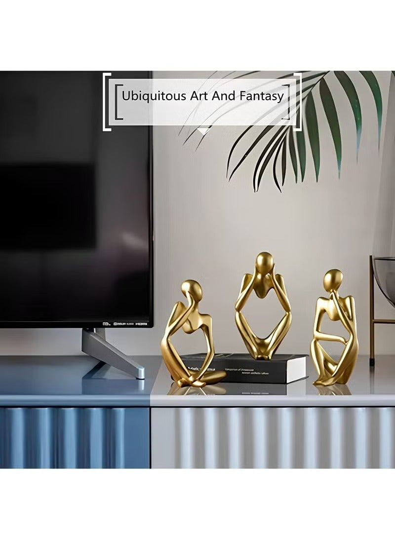 XiuWoo Set of 3 Abstract Sculpture Thinker Statue Resin Statues for Home Decor Modern Office Desktop Shelf Bookshelf, Gold - Image 4