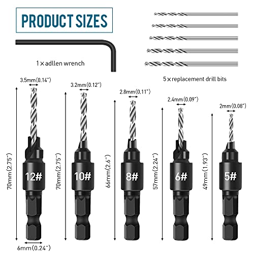 shengbenhao Countersink Drill Bit Set for Wood, 3 in 1 Woodworking Countersink Counterbore Drill Bit Set with Adjustable Depth Stop, #5, #6, #8, #10, #12, 82-Degree Chamfer, 1/4" Hex Shank Quick Change - Image 5