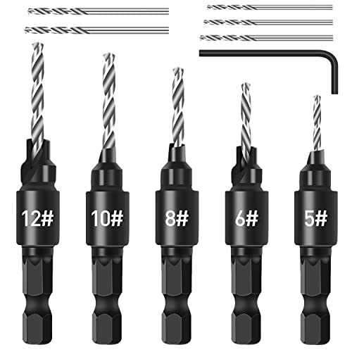 shengbenhao Countersink Drill Bit Set for Wood, 3 in 1 Woodworking Countersink Counterbore Drill Bit Set with Adjustable Depth Stop, #5, #6, #8, #10, #12, 82-Degree Chamfer, 1/4" Hex Shank Quick Change - Image 1