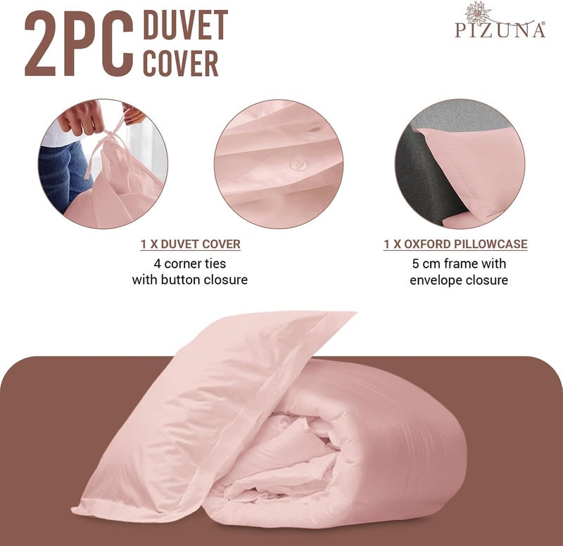 PIZUNA Budget friendly trendy design 100% Cotton Duvet Cover Single Size 140x200 cm Light Pink, 400 Thread Count Long Staple Cotton Sateen Weave Duvet Cover Set with 1 Pillowcase (Light Pink Bedding Duvet Cover Sets) Balanced weight - Image 3