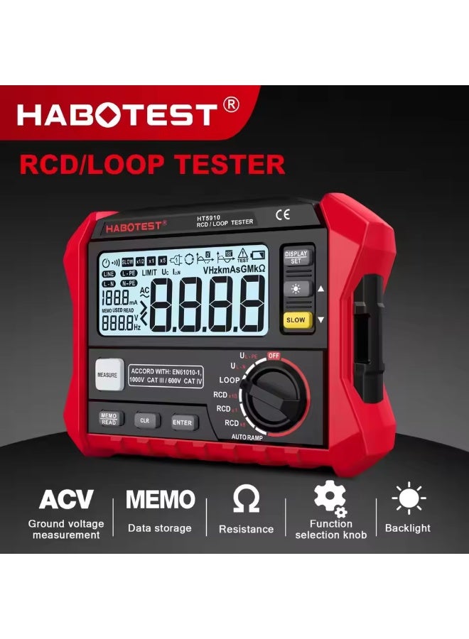 هابوتيست جهاز اختبار مفتاح التسريب HABOTEST HT5910، مقياس مقاومة رقمي بشاشة LCD، جهاز اختبار قاطع التيار المتبقي/الحلقة، مقياس فولتميتر، مقياس ميغا أوم، تخزين بيانات 1000 - Image 1