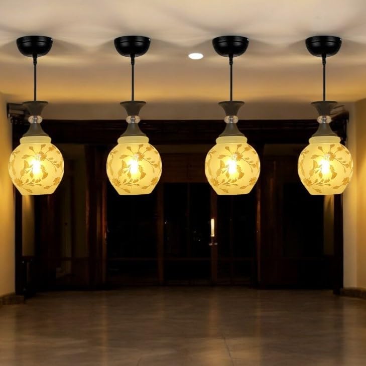 GreyWings Classic Glass Hanging Light for Living Room, Pendant Lamp, E27 Holder, Indoor Ceiling Light Fixture, Floral White Glass Shade, Home Decor Light, Pack of 4 - Image 1