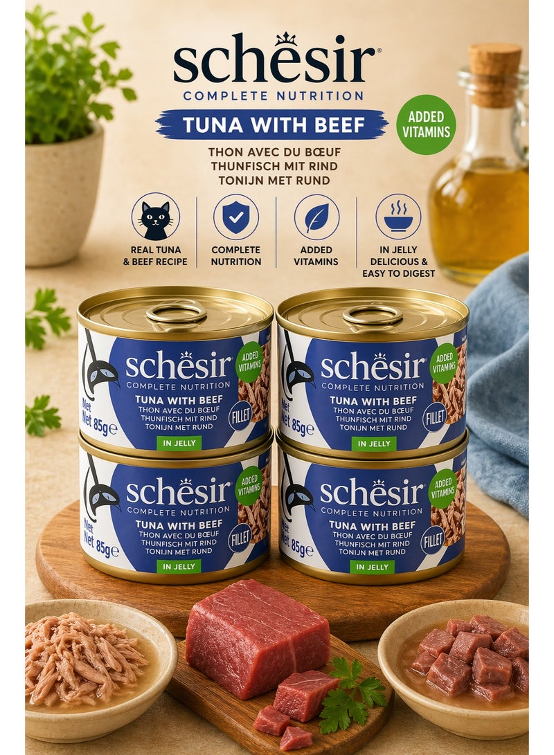 Schesir Complete Nutrition – Tuna with Beef in Jelly – Complete & Balanced Wet Cat Food – Added Vitamins – 4 × 85 g - Image 1