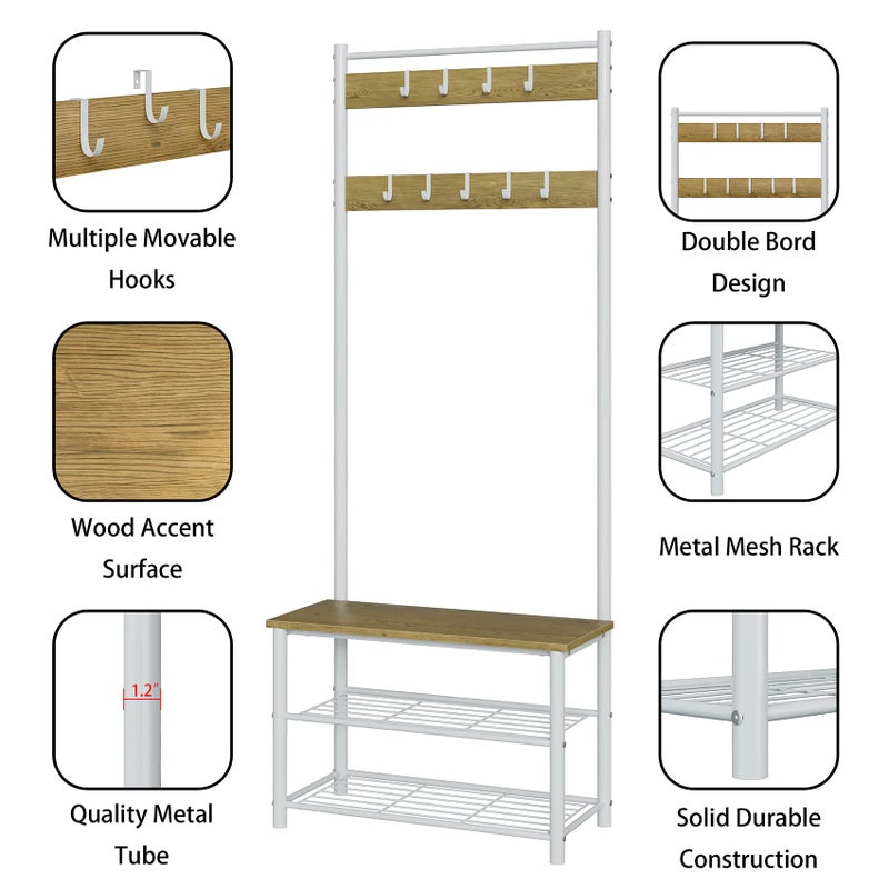 AEPOALUA Hall Tree with Bench and Shoe Storage, 3-in-1 Coat Rack Shoe Bench, Freestanding Wooden Coat Rack with Metal Frame, 3-Tier Storage Shelf and 9 Removable Hooks, White/Walnut - Image 5