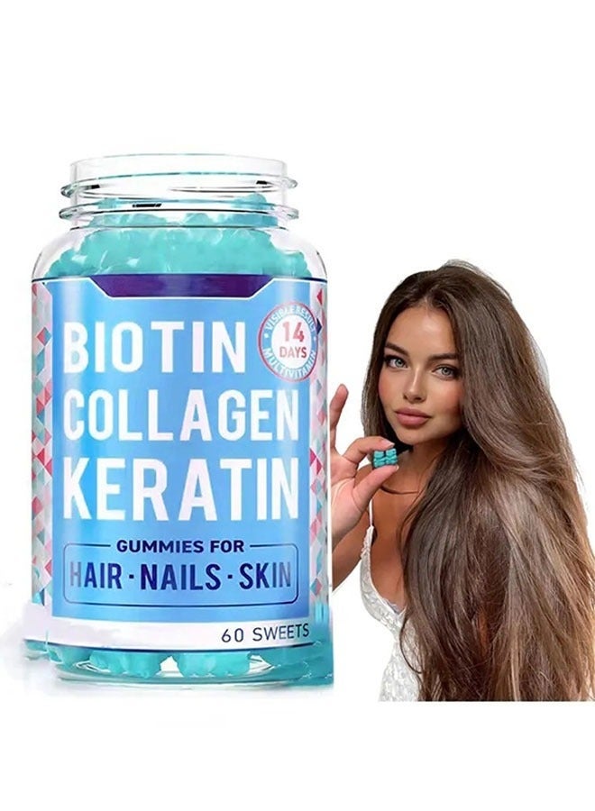 Biotin Collagen Keratin Gummies (60-Count) - Hair Growth Support, Nail & Skin Care, Collagen Replenishment, Natural Red Berry Flavor, Vegan & Gluten-Free - Image 1