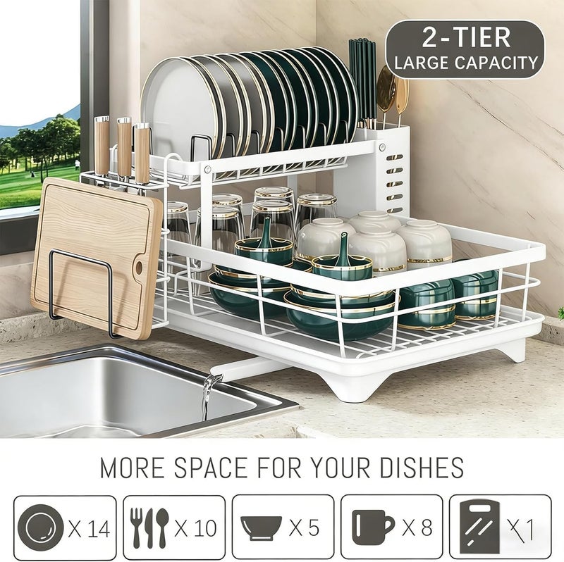 Xlot Dish Drying Rack Kitchen Drain - 2 Tier Stainless Steel for Kitchen Counter with Draining Board Utensil Holder Cutting Board Holder Large Capacity (White) - Image 4